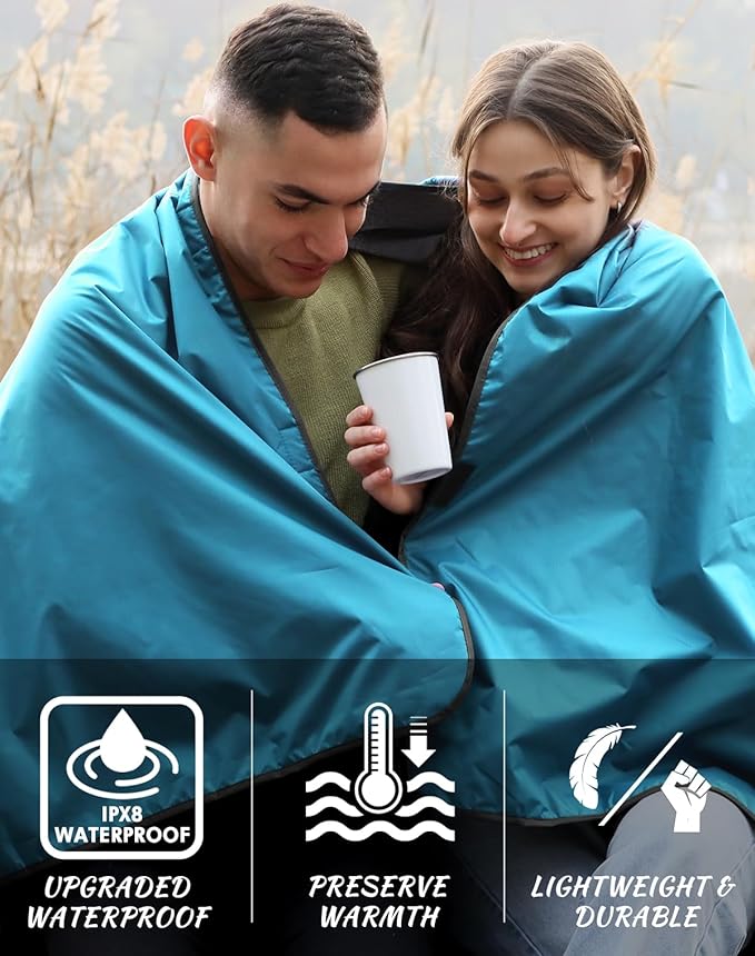 Outdoor Waterproof Camping Blanket - Hooded Fleece Windproof Blanket for Stadium, Sporting Events, Concert, Picnic, Car, Boat - Packable Camp Blanket for Cold Weather, Camping Gear Must Haves