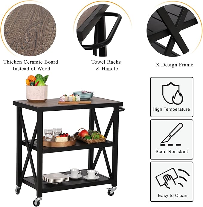 PHI VILLA Outdoor Grill Table, Elegant Grill Cart with Ceramic Wood Grain Table Top, Serving Cart with Shelves, Patio Grilling Backyard BBQ Grill Cart, Black