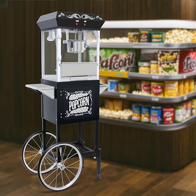 Popcorn Maker Machine - Professional Cart With 8 Oz Kettle Makes Up to 48 Cups, Stainless Steel Vintage Commercial Popcorn Machine Movie Theater Style (Black)