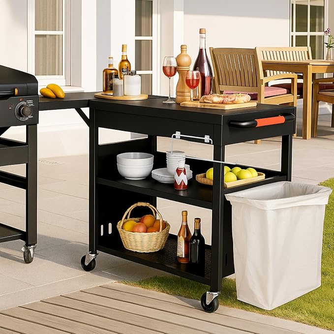 Outdoor Grill Table Cart for Blackstone 28"/36" Omnivore Griddle, 50" x 22“ Large Prep Station Grill Stand with Foldable Side Table for Blackstone 17”/22” Griddle, Ninja Woodfire, Ooni Pizza Oven