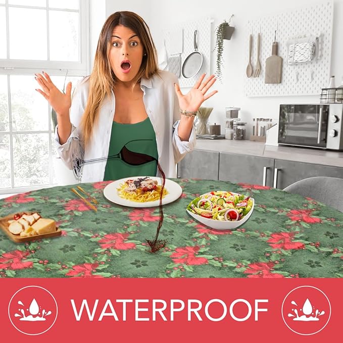 Violet Linen Holly and Ribbons Elastic Round Table Cover, Large