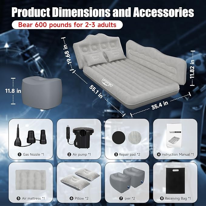 Car Air Mattress, Inflatable SUV Truck Car Camping Mattress for Back Seat, Thickened Travel Car Bed Sleeping Pad with Car Air Pump 2 Pillows (Grey)