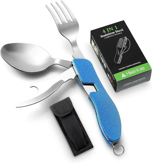 Camping Silverware Set HIKENTURE 4-In-1 Stainless Steel Hobo Knife Fork Spoon Bottle Opener with Storage Case (Blue)