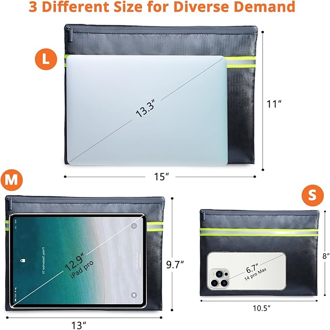 Fireproof Document Bag – 3 Pack (15" x 11", 13" x 9.7", 10.5" x 8") Fireproof & Water- proof Document Organizer | Document Holder with Zipper Secure for Cash, Passports, Check& More