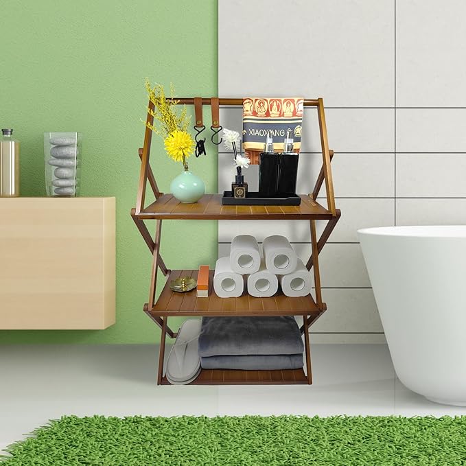 Foldable Bamboo Shelf, Folding Shoe Rack, Flower Rack, Camping Rack, No Installation Required, Portable, Space Saving, Multi-Purpose Storage Rack (Walnut, 3 Tiers with Boom)