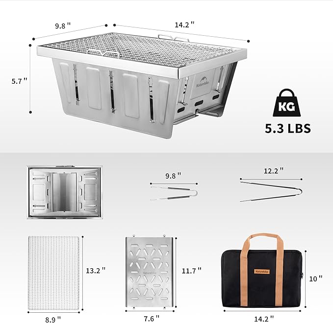 Naturehike Camping Charcoal Grill for IGT Table, Folding Barbecue Grill with Tongs & Carry Bag, Portable BBQ Grill for Outdoor Car Camping Cooking Tailgating