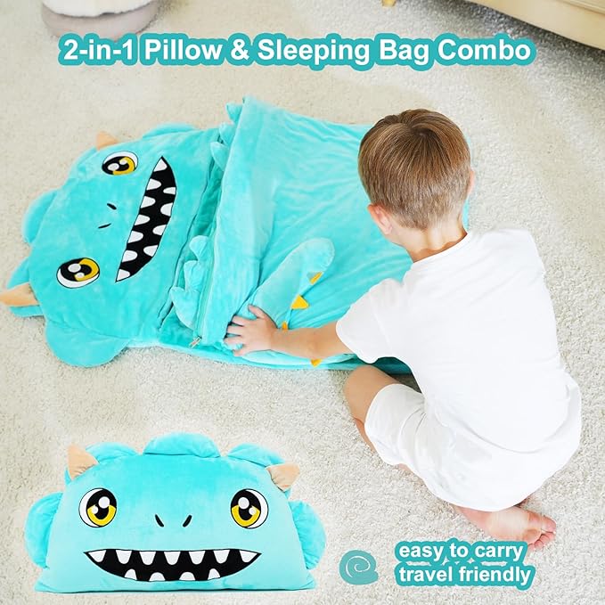 Kid Sleeping Bag with Pillow - Larger Toddler Nap Mat - Plush Slumber Bag for Boys Girls Daycare Preschool Kindergarten Birthday Gift Travel Sleepover Ages 3-12 Years