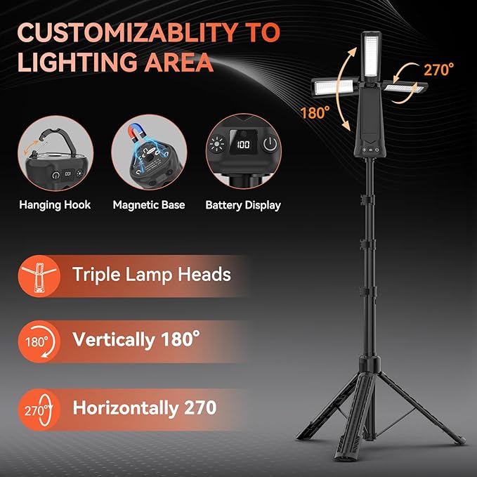 Rechargeable Camping Light with Stand, 15000 mAh Cordless Work Light with 3 LED Lamp Heads, 5500 Lumens Dimmable Camping Essentials Gear Emergency Flashlight with 86" Detachable Tripod, Black