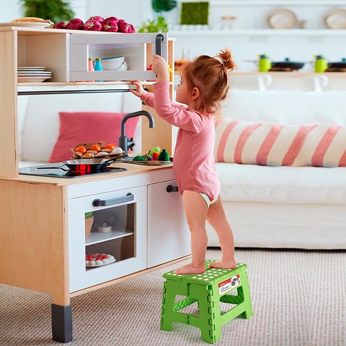 ACSTEP 9 Inch Folding Step Stool 300 LB Capacity Plastic Foldable Step Stools for Kids and Adults, Folding Stool Suitable for Kitchen, Stepping Stool with Handle Green Small Step Stool 1PC