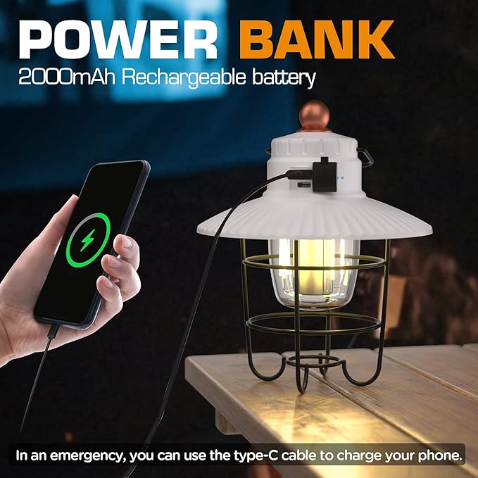 EverBrite LED Camping Lantern, USB C Rechargeable Lantern with 3 Light Modes, Vintage Outdoor Lanterns with Power Bank Function for Power Outages, Hurricane, Emergency, Fishing