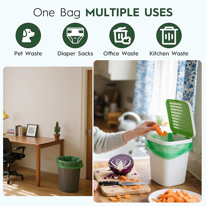 2.6-3 Gallon Compostable Trash Bags with Handles 80 Count 0.67 Mil 11.36 L Small Kitchen Food Scrap Waste Compost Bag ASTM D6400 US BPI and OK Compost Home Certified