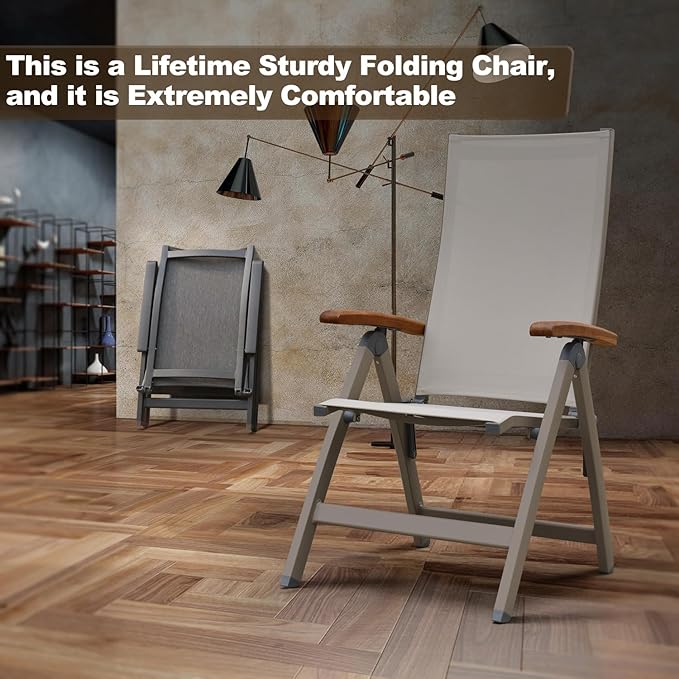 Adjustable Folding Chair, Indoor & Outdoor Balcony, Patio Porch, Garden Lawn, Pool, for Comfortable Foldable Chairs, Portable Cozy Recliner, Metal Frame with Teak armrest, Durable