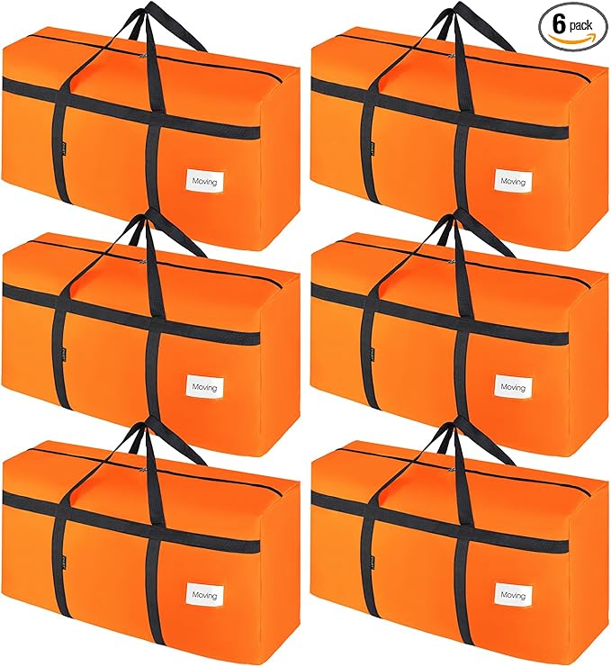 6 Pack Extra Large 90L Heavy Duty Moving Bags with Zippers and Handles - College Packing Bags for Clothes, Storage, Camping Essentials (Orange)