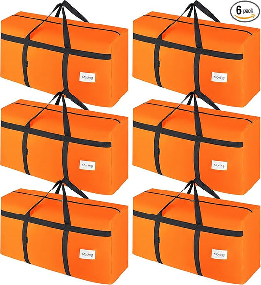 6 Pack Extra Large 90L Heavy Duty Moving Bags with Zippers and Handles - College Packing Bags for Clothes, Storage, Camping Essentials (Orange)