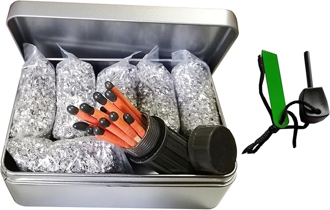 Fire Starter Kit – 6 Magnesium Shaving Packs + Waterproof Windproof Matches in Metal Tin – Emergency Fire Making Kit for Camping, Hiking, Survival, Prepping