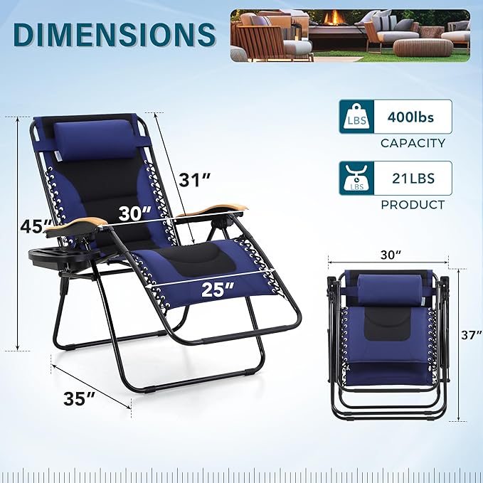 MFSTUDIO Zero Gravity Chairs, Oversized Patio Recliner Chair, Padded Folding Lawn Chair with Cup Holder Tray, Support 400lbs, Navy Blue