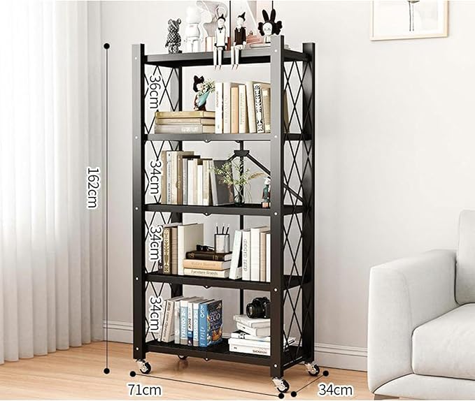 4-Tire Storage Rack, 28*13*63.8in Foldable Metal Garage Storage Shelves Organizer, Portable Metal Kitchen Shelving, Closet Shelving Unit Bakers Rack Microwave Stand, Black(Tiered Shelf-5)