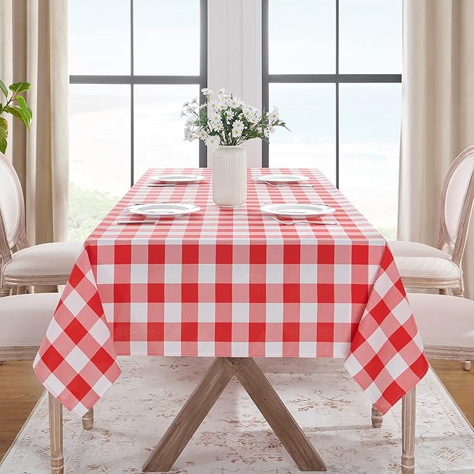 Softalker Gingham Checkered Rectangle Tablecloth - Waterproof Buffalo Plaid Table Cloth Stain Resistant Washable Table Cover for Picnic/Camping/Outdoor - Red and White, 60 x 102 Inch