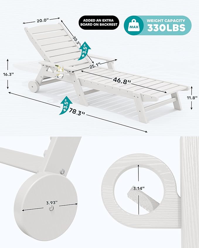 SERWALL Patio Chaise Lounge Chair Set of 2 with 9FT Patio Umbrella, 78'' HDPE Outdoor Lounger 5 Positions Adjustable, Poly Lounge Chair with Rolling Wheels & Cup Holder for Pool,Light White