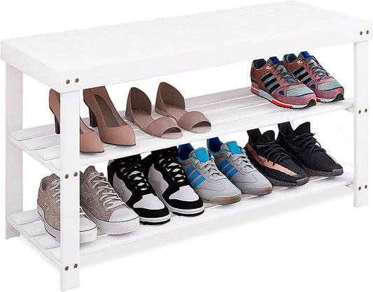SMIBUY Bamboo Shoe Rack Bench, 3-Tier Shoe Organizer Storage Shelf for Entryway Hallway Bathroom Living Room (White)