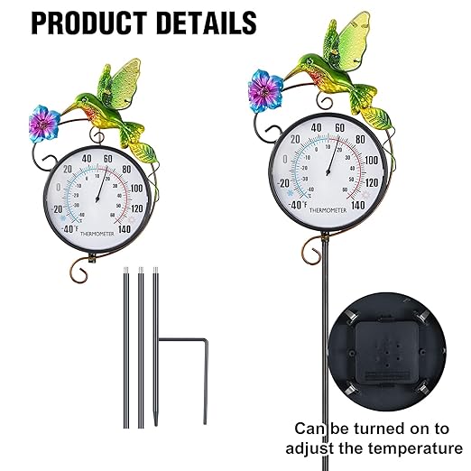 Hummingbird Indoor Outdoor Thermometer, Large Digital Metal Garden Stake Outside Thermometer Waterproof Decorative for Patio, Lawn, Room, No Battery Required
