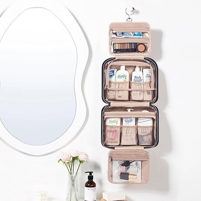 NISHEL Travel Toiletry Bag for women, Portable Hanging Organizer for Family-Sized Shampoo, Conditioner, Brushes Set, Makeup Accessories, Extra Large Size, Black