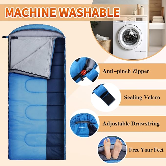 XL 10 Degree Sleeping Bags Waterproof for Adults 350GSM Machine Washable with Compression Sack for 3-4 Season Camping Outdoor