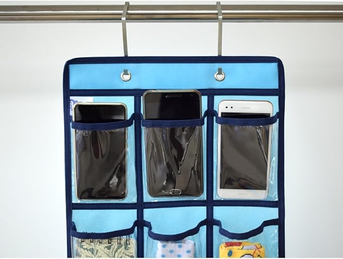 NIMES Hanging Closet Underwear Sock Jewelry Storage Over The Door Classroom Cell Phone Calculator Organizer 12 Clear Pockets (Blue)