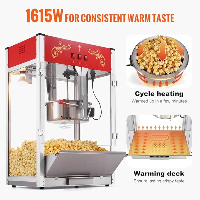 VEVOR Popcorn Maker, 1615W Popcorn Popper Machine, 16 Oz Kettle Large Capacity Countertop Popcorn Maker with Tempered Glass, Includes 3 Stainless Steel Scoops, Movie Theater Style, Red