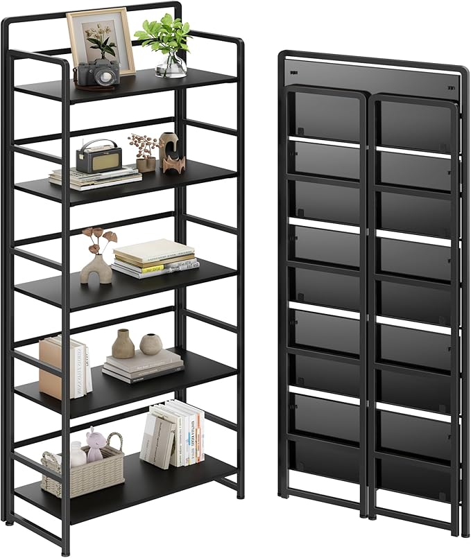 No Assembly Folding Bookshelf, 5 Tiers Collapsible Book Shelf for Home Office, Vintage Wood Foldable Bookcase Storage Organizer for Living Room Bedroom (Black)