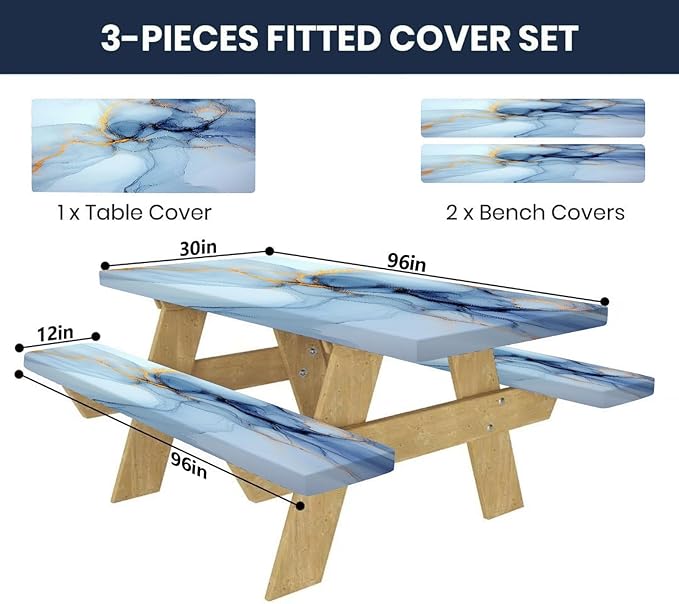 CAPSCEOLL Fitted Picnic Table Cover with Bench Covers with Elastic 8Ft Waterproof Camping Picnic Table Cover Cloths for Outdoors Camping Tablecloth with Drawstring Bag, 96X30in, Blue Marble