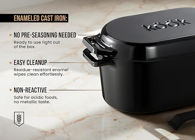 KooK Dutch Oven, for Bread Baking, Sourdough Loaf Pan, with Lid, Dual Handles, Enameled Cast Iron, includes Lid Lever, Dishwasher Safe, 3.4 Qt, Black