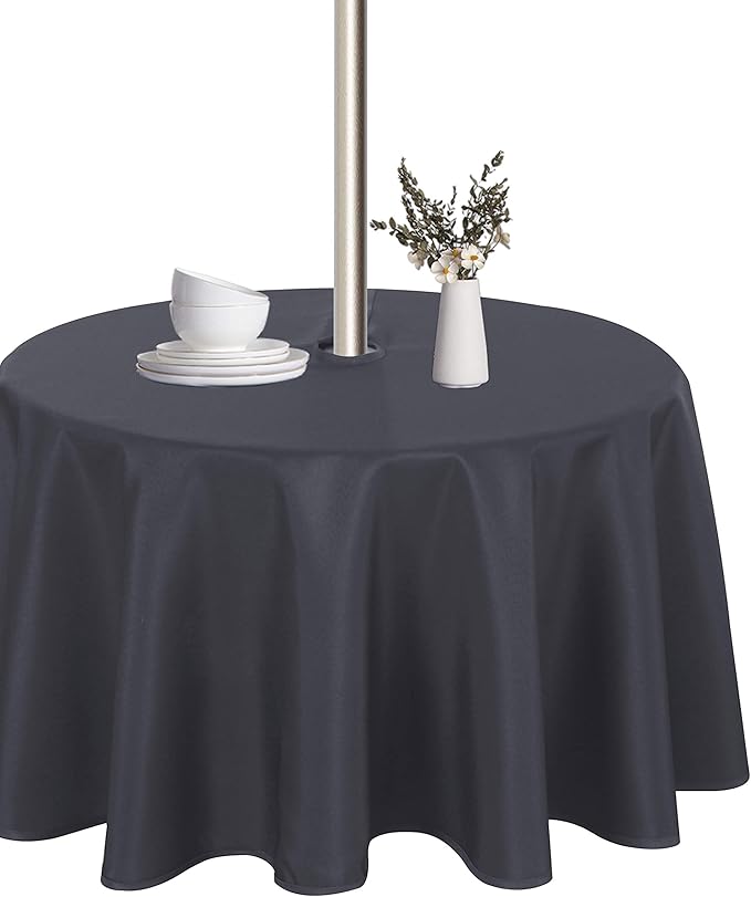 LUSHVIDA Round Outdoor Tablecloth with Umbrella Hole and Zipper, 60 Inch Grey, Washable Waterproof Table Cloth Spill Proof Wrinkle Free Table Cover for Patio Spring Summer Picnic BBQS
