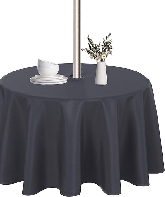 LUSHVIDA Round Outdoor Tablecloth with Umbrella Hole and Zipper, 60 Inch Grey, Washable Waterproof Table Cloth Spill Proof Wrinkle Free Table Cover for Patio Spring Summer Picnic BBQS