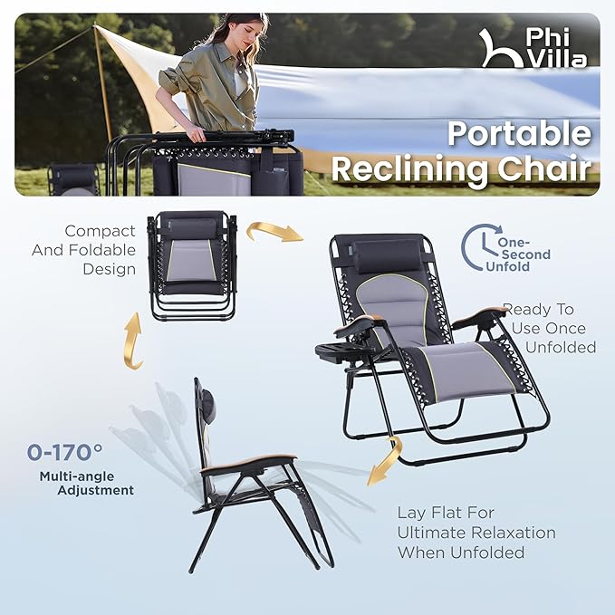 PHI VILLA XXL Oversized Padded Zero Gravity Chair, Foldable Patio Recliner, 30" Wide Seat Anti Gravity Lounger with Cup Holder, Set of 2, Support 400 LBS (Gray Accent)