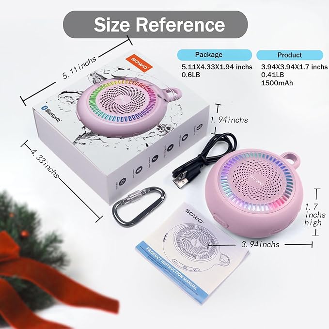 SOWO Small Waterproof Speaker Bluetooth Portable Wireless - Clip Speaker for Shower - Powerful Bass and Louder Volume - Colorful Lights and Lightweight for Travel,Kitchen,Pool - Pink