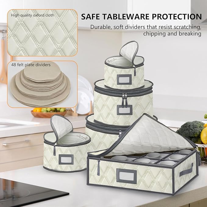 VERONLY 5 Pack China Storage Containers Set (Beige) - Sturdy Quilted Wine Glass & Dish Storage with Dividers - Compact Size