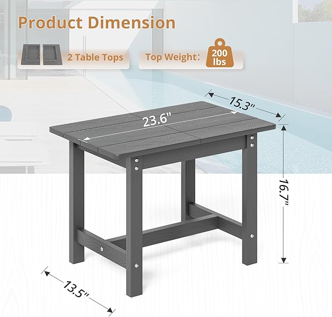 LUE BONA Outdoor Side Table, HDPS Large Size Outdoor Table, Adirondack Side Table, Outside End Table for Patio, Porch,Beach, Garden, Weather Resistant/Easy Maintenance/Indoor or Outdoor Use, Dark Gray