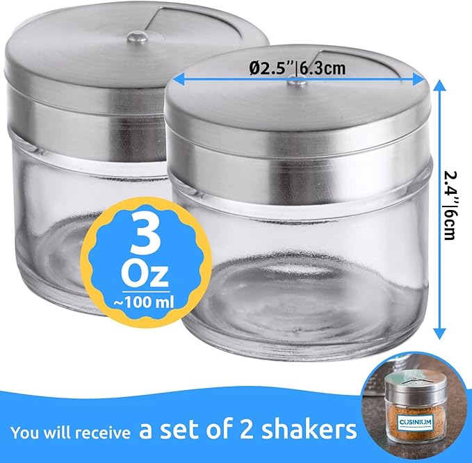 CUSINIUM 2-Pack 3oz Glass Spice Seasonings Shaker With Adjustable Lid