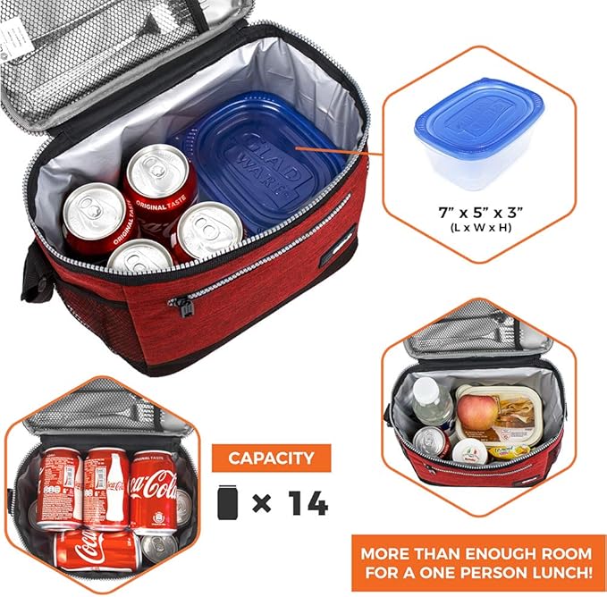 opux Insulated Lunch Box Men Women, Lunch Bag for Work School, Leakproof Soft Cooler Tote Adult, Large Lunch Pail Kids Boys Girls, Picnic Beach Food Bag with Shoulder Strap, Red