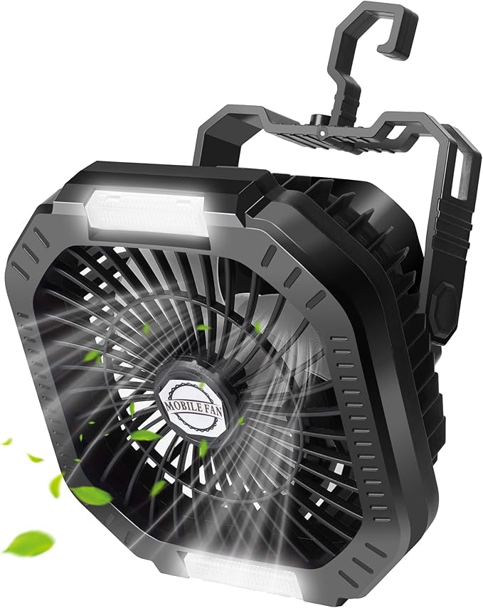 Rechargeable Camping Tent Fan with LED Lantern, 7800mAh Battery Operated Fan with Hang Hook & Remote, Portable Ceiling Tent Fans with Remote for RV Emergency Car Office Hurricane