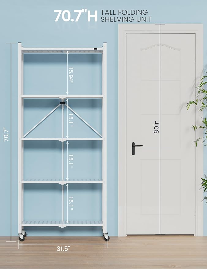 ALANNG 70.7" H Metal Storage Shelves, 5 Tier Folding Shelf on Wheels, Heavy Duty, No Assembly, Rolling, Collapsible Rack Unit for Kitchen, Basement, Pantry (White,2 Pack)