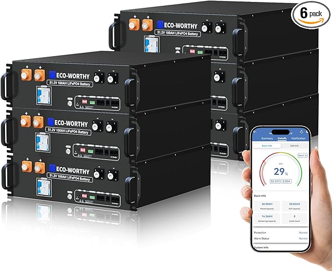 ECO-WORTHY 48V 600Ah Server Rack LiFePO4 Lithium Battery (6 Pack 48V 100AH V3) with Bluetooth, 30.72kWh Capacity, Perfect for Home Power Storage, Off-Grid Energy Back-up(Buy Battery GET Monitor)