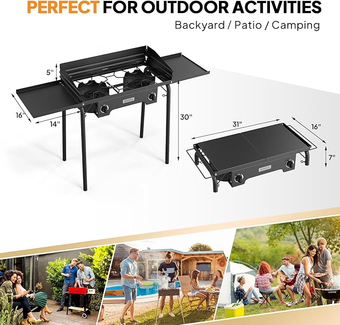 ROVSUN 2 Burner Gas Stove with Side Shelves, 150,000 BTU Portable Propane Stove with Removable Legs, Wind Panels & Regulator for Camping Home Backyard Cooking Brewing Canning Turkey Frying