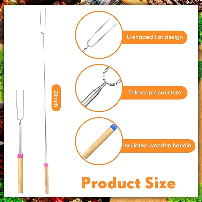 24 Pcs 28 Inch Marshmallow Roasting Sticks Bulk, Smores Skewers for Fire Pit, Hot Dog Camping Skewers Accessories Campfire Marshmellow Extendable Forks BBQ Tools Smores Sticks