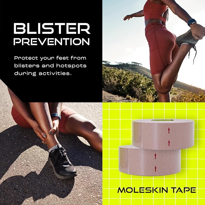 Moleskin Tape - 1in x 16ft - Blister Prevention Tape, Medical Padding Tape | Water Resistant & Hypoallergenic | Thin Mole Skin Padding & Athletic Tape for Running, Hiking, Walking - 2 Rolls