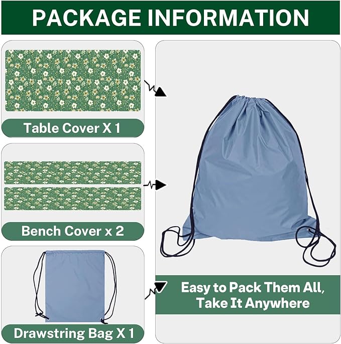 Picnic Table Cover with Bench Covers Elastic Edges, Green Flower Fitted Table Cover, Outdoor Patio Camping Essentials 72 Inch 3PCS, Waterproof Camping Fitted Tablecloth with Drawstring Bag