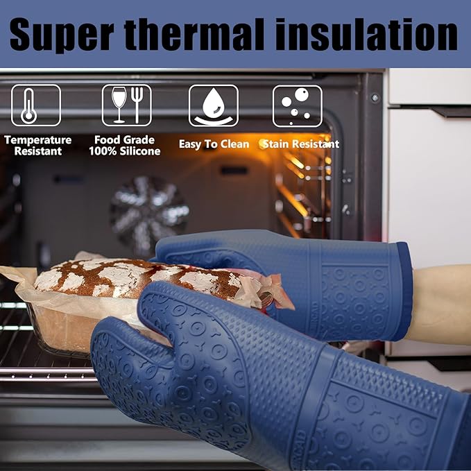 Oven Mitts with Heat-Resistant Hot Pads and Five Silicone Spatulas Designed for Kitchen Baking Cooking, Oven Glove Soft Cotton Lining, Waterproof, BPA-Free (Dark Blue, 12.6)