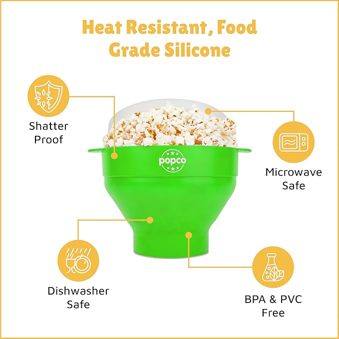 POPCO Silicone Popcorn Popper - Collapsible Microwave Popcorn Maker - Air Popper Pop Corn Bowl with Handles and Lid - Dishwasher Safe - Large 15 Cup Capacity - (Green)