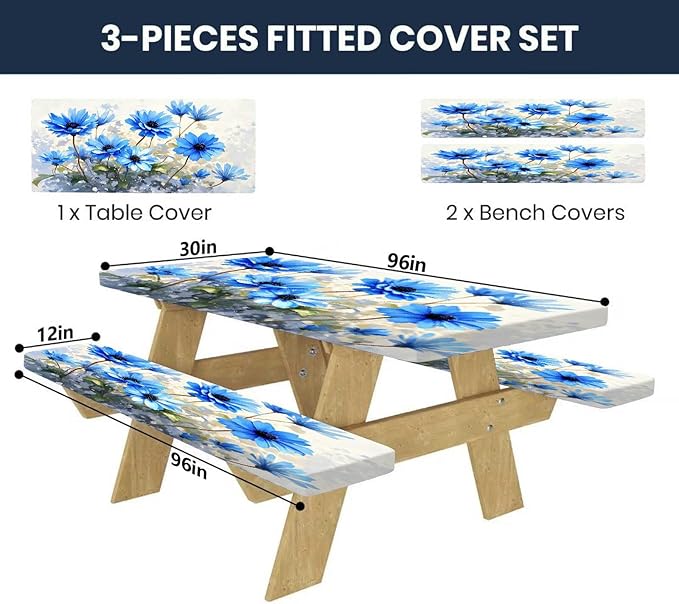 CAPSCEOLL Fitted Picnic Table Cover with Bench Covers with Elastic 8Ft Waterproof Camping Picnic Table Cover Cloths for Outdoors Camping Tablecloth with Drawstring Bag, 96X30in, Blue Flowers